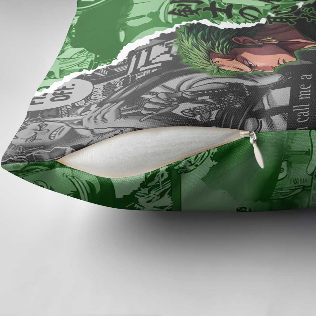 Zoro One Piece Green Theme Pillow Cover with Manga Collage and Dual Portrait Swordmaster Design - The Mazicc