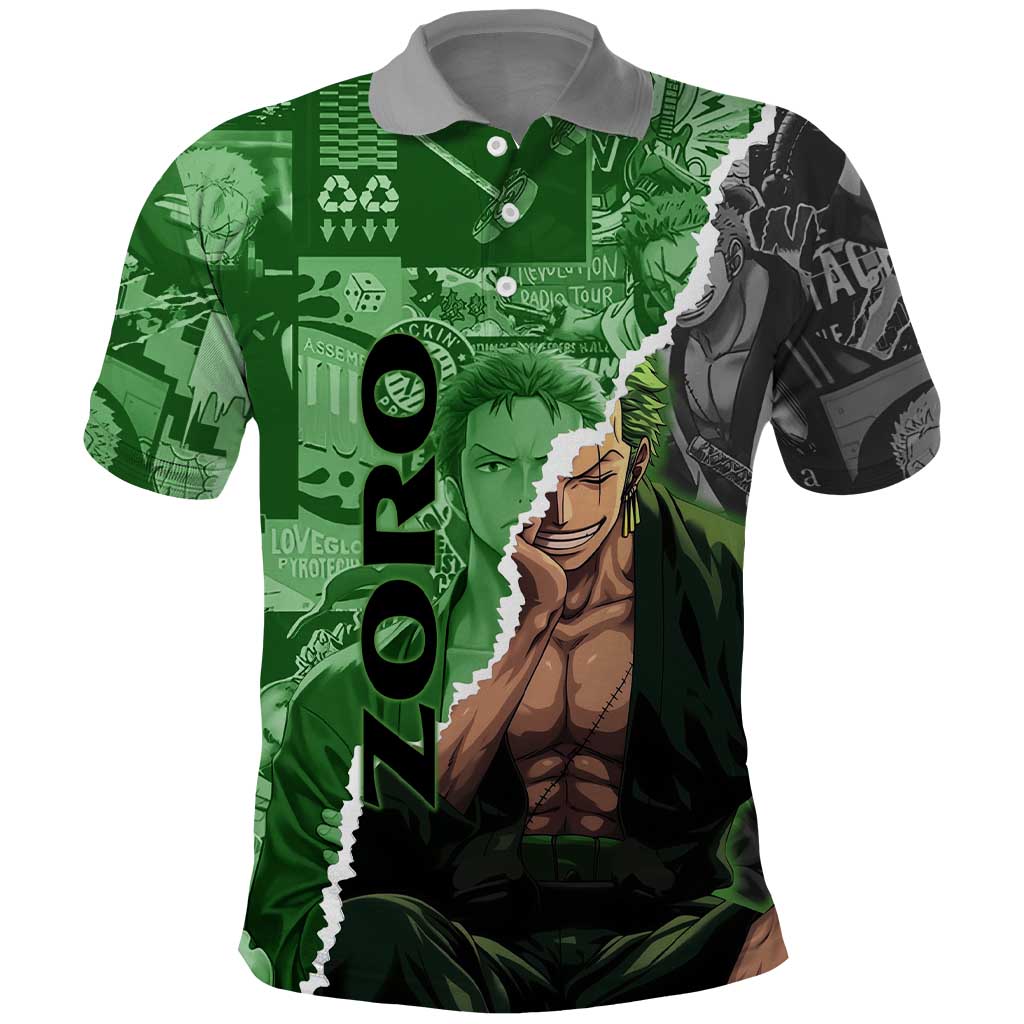 Zoro One Piece Green Theme Polo Shirt with Manga Collage and Dual Portrait Swordmaster Design - The Mazicc