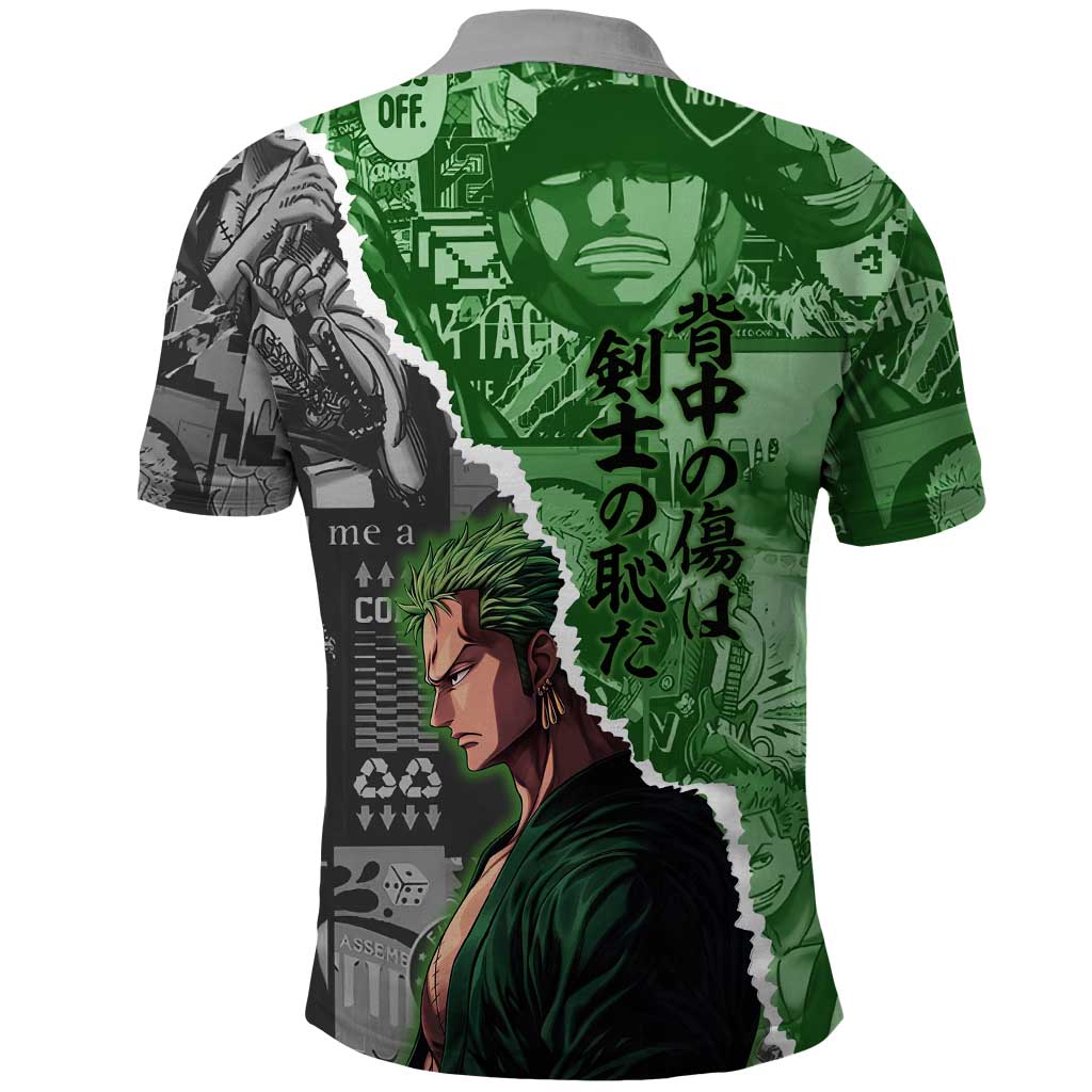 Zoro One Piece Green Theme Polo Shirt with Manga Collage and Dual Portrait Swordmaster Design - The Mazicc