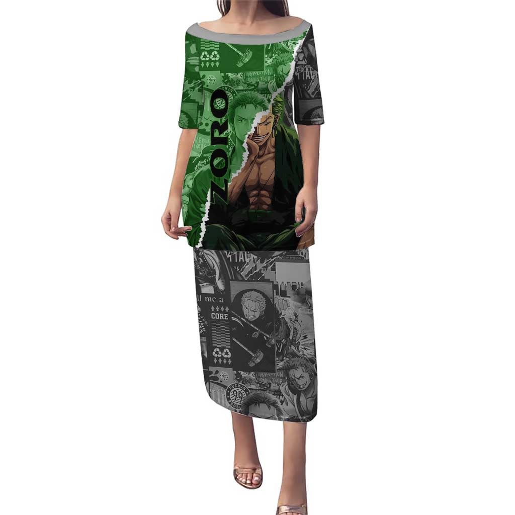 Zoro One Piece Green Theme Puletasi with Manga Collage and Dual Portrait Swordmaster Design - The Mazicc