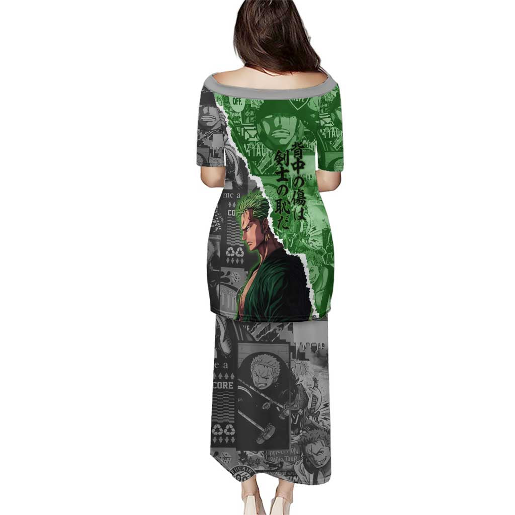 Zoro One Piece Green Theme Puletasi with Manga Collage and Dual Portrait Swordmaster Design - The Mazicc