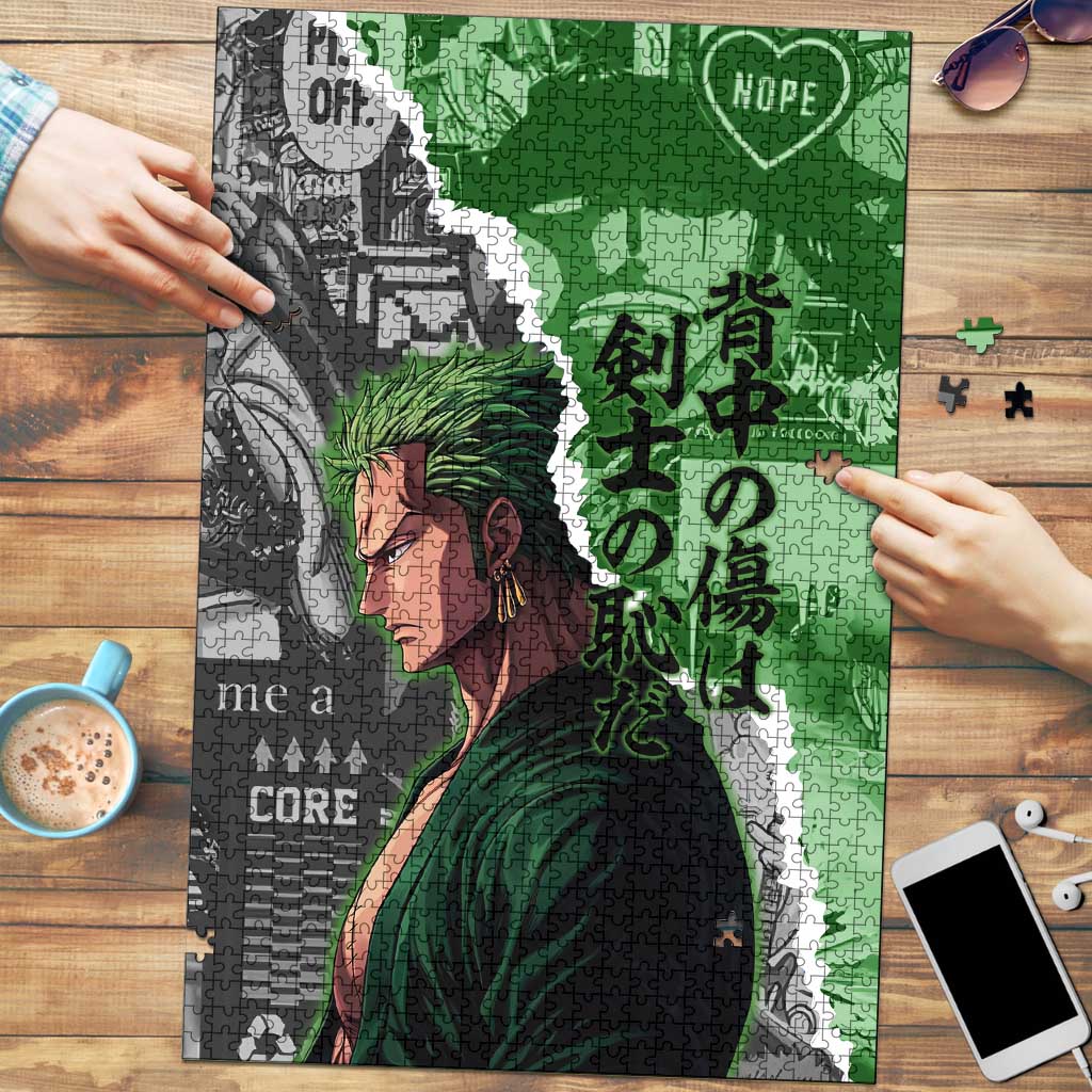 Zoro One Piece Green Theme Puzzle with Manga Collage and Dual Portrait Swordmaster Design - The Mazicc
