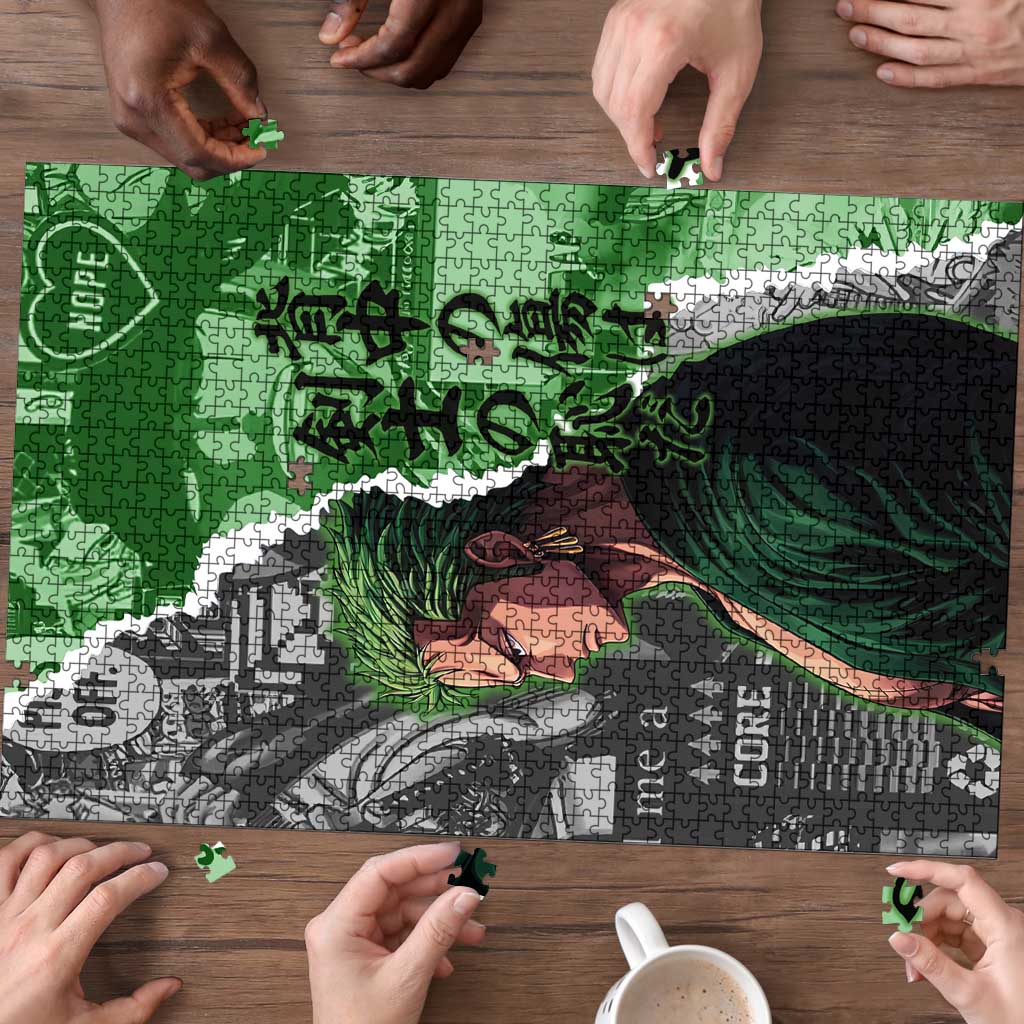 Zoro One Piece Green Theme Puzzle with Manga Collage and Dual Portrait Swordmaster Design - The Mazicc