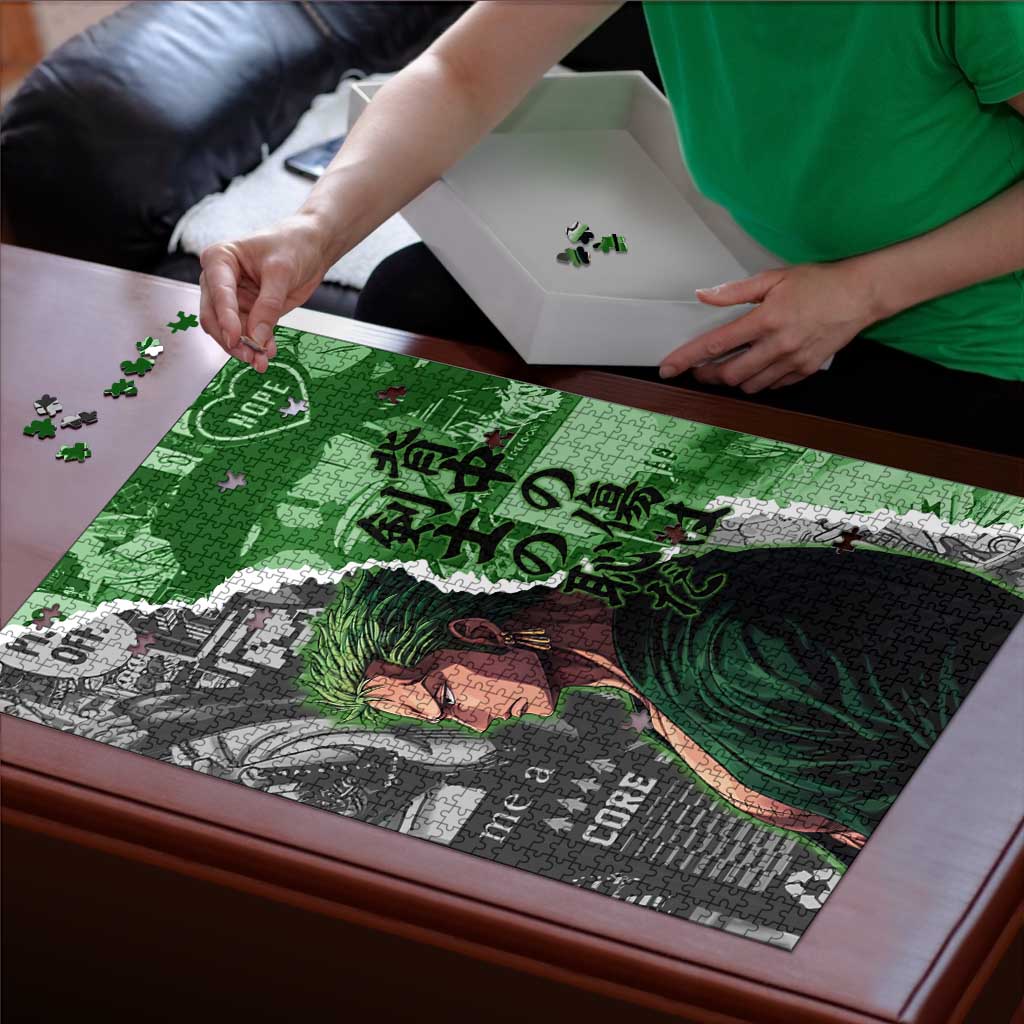Zoro One Piece Green Theme Puzzle with Manga Collage and Dual Portrait Swordmaster Design - The Mazicc