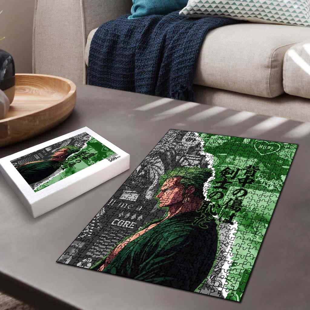 Zoro One Piece Green Theme Puzzle with Manga Collage and Dual Portrait Swordmaster Design - The Mazicc