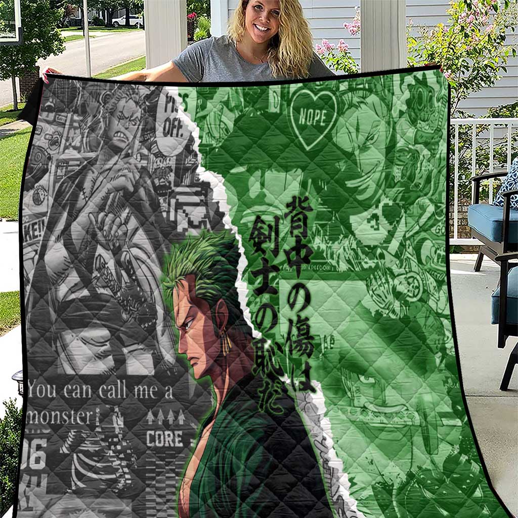 Zoro One Piece Green Theme Quilt with Manga Collage and Dual Portrait Swordmaster Design - The Mazicc