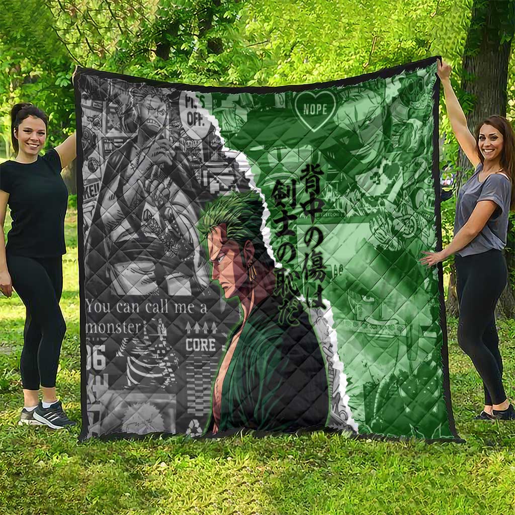Zoro One Piece Green Theme Quilt with Manga Collage and Dual Portrait Swordmaster Design - The Mazicc