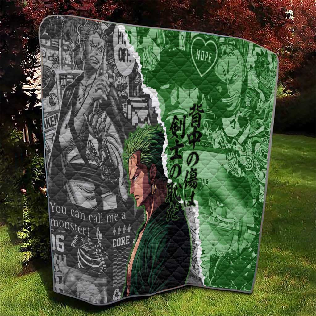 Zoro One Piece Green Theme Quilt with Manga Collage and Dual Portrait Swordmaster Design - The Mazicc