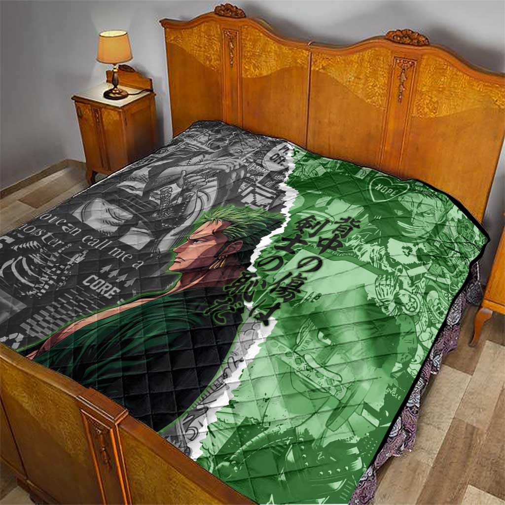 Zoro One Piece Green Theme Quilt with Manga Collage and Dual Portrait Swordmaster Design - The Mazicc
