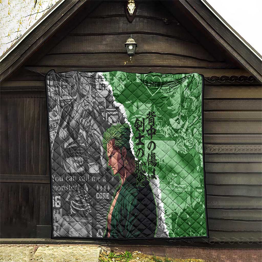 Zoro One Piece Green Theme Quilt with Manga Collage and Dual Portrait Swordmaster Design - The Mazicc
