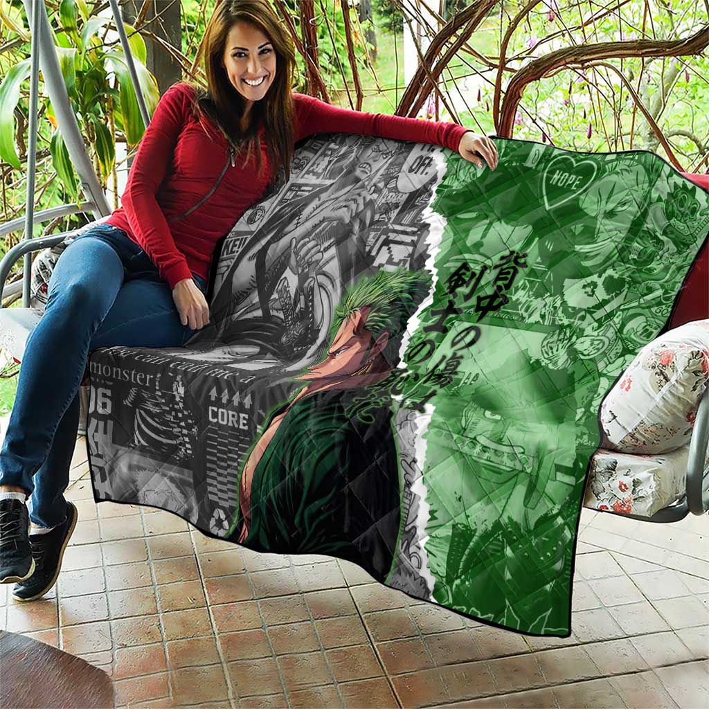 Zoro One Piece Green Theme Quilt with Manga Collage and Dual Portrait Swordmaster Design - The Mazicc