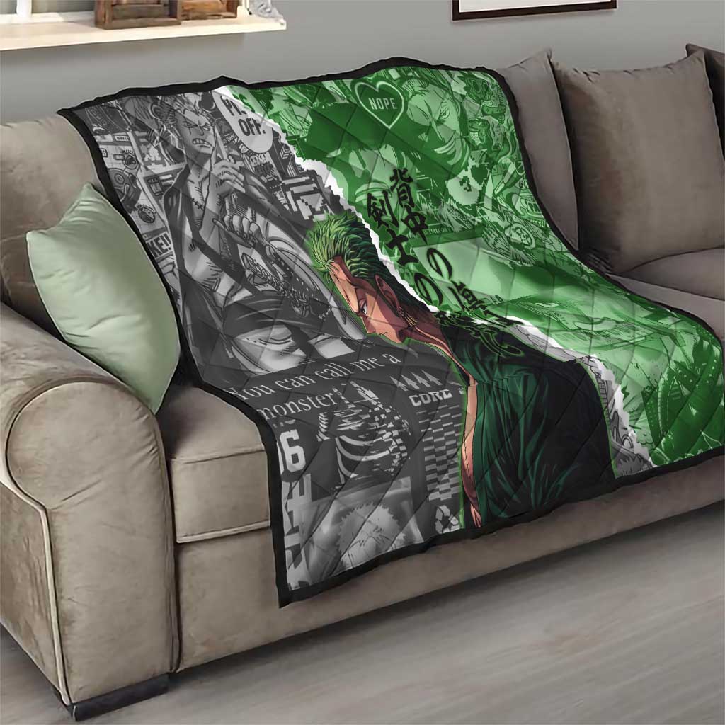 Zoro One Piece Green Theme Quilt with Manga Collage and Dual Portrait Swordmaster Design - The Mazicc