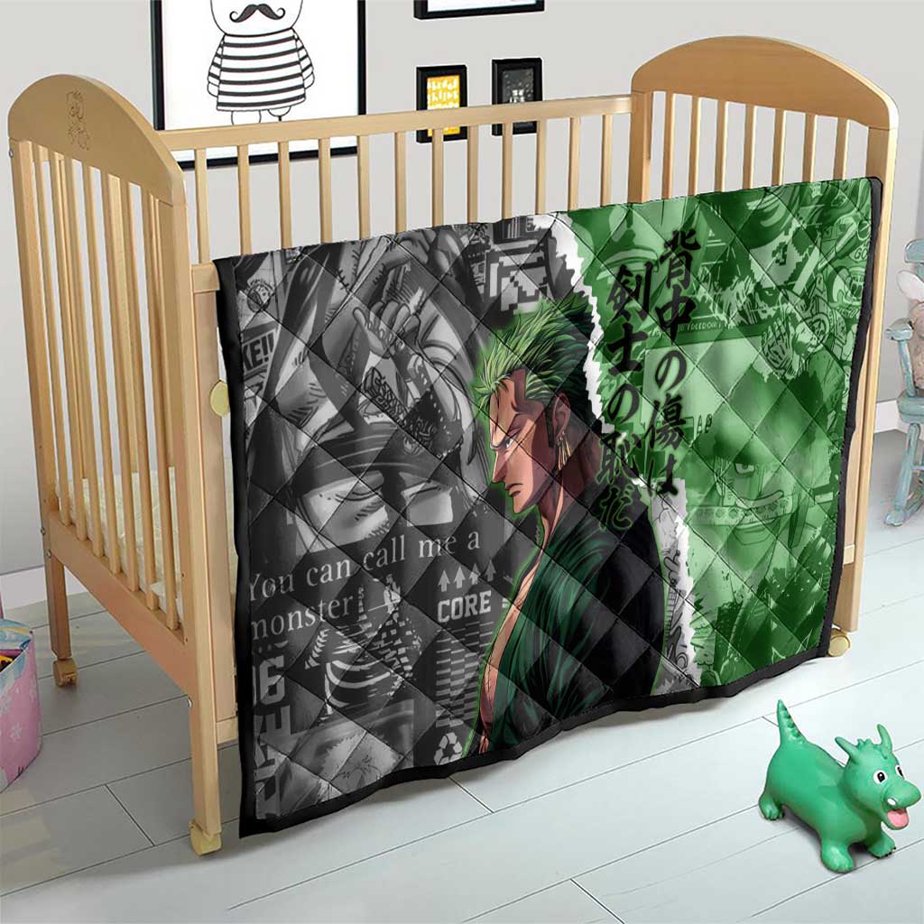 Zoro One Piece Green Theme Quilt with Manga Collage and Dual Portrait Swordmaster Design - The Mazicc