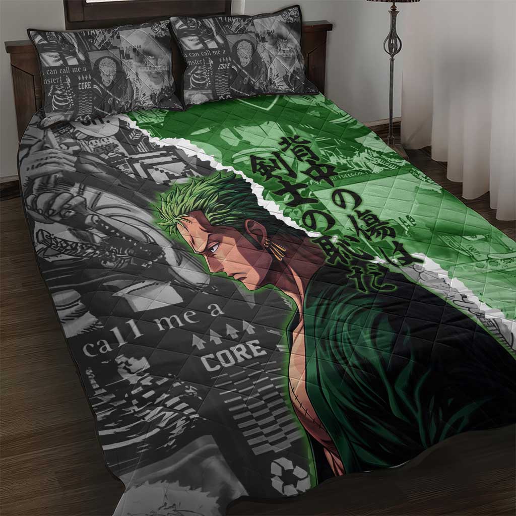 Zoro One Piece Green Theme Quilt Bed Set with Manga Collage and Dual Portrait Swordmaster Design - The Mazicc