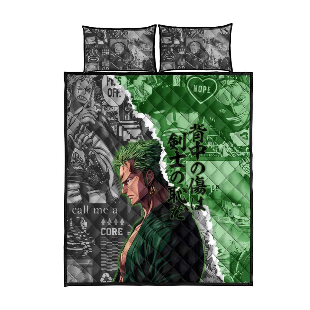 Zoro One Piece Green Theme Quilt Bed Set with Manga Collage and Dual Portrait Swordmaster Design - The Mazicc