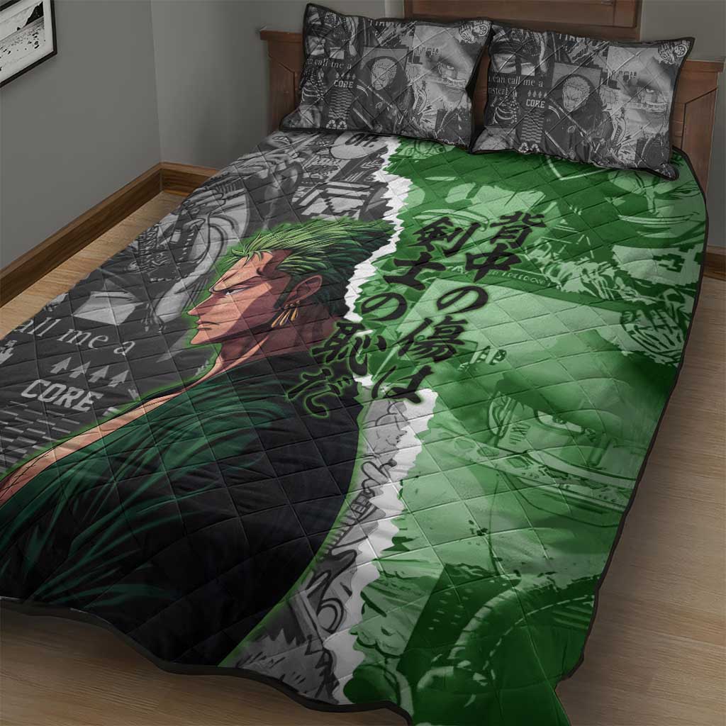 Zoro One Piece Green Theme Quilt Bed Set with Manga Collage and Dual Portrait Swordmaster Design - The Mazicc