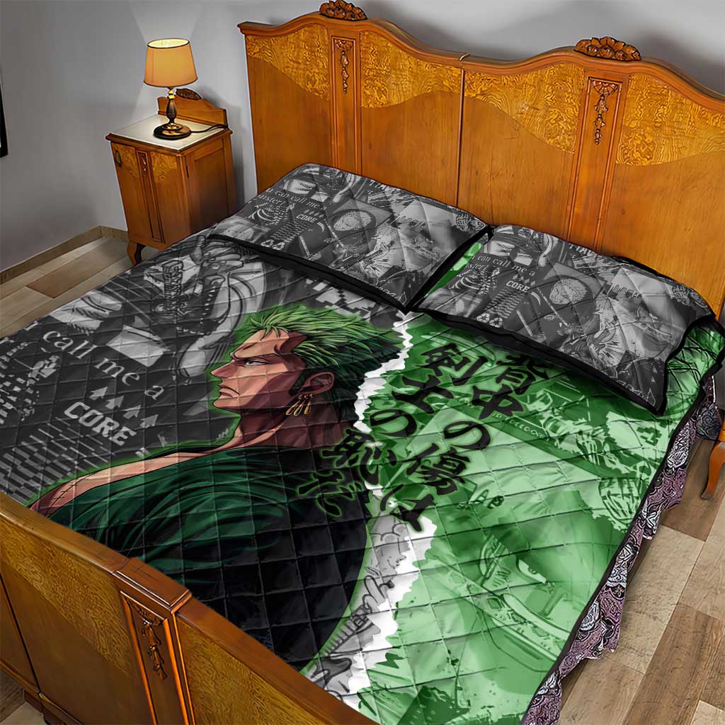 Zoro One Piece Green Theme Quilt Bed Set with Manga Collage and Dual Portrait Swordmaster Design - The Mazicc