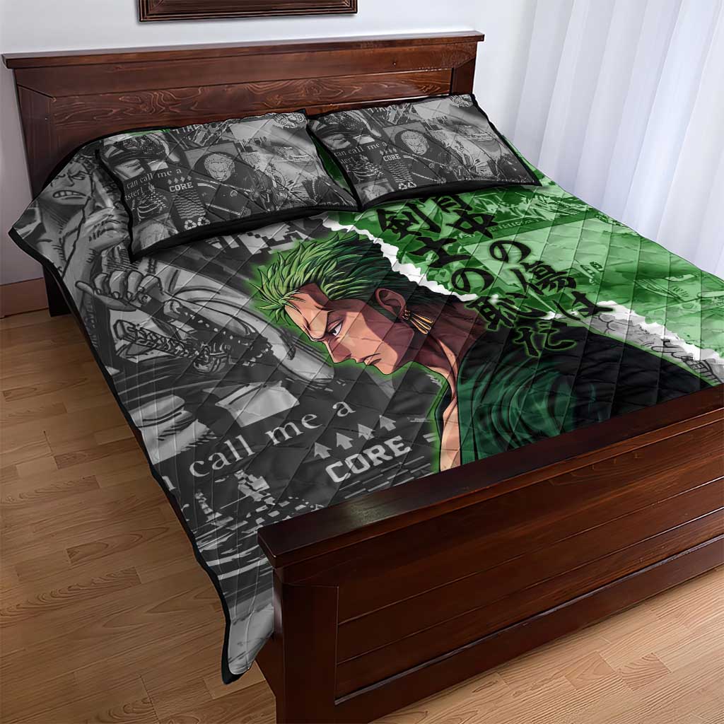 Zoro One Piece Green Theme Quilt Bed Set with Manga Collage and Dual Portrait Swordmaster Design - The Mazicc