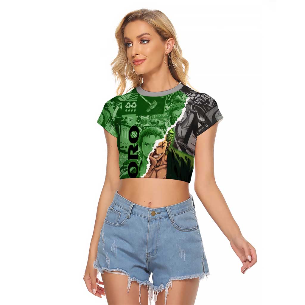 Zoro One Piece Green Theme Raglan Cropped T Shirt with Manga Collage and Dual Portrait Swordmaster Design - The Mazicc