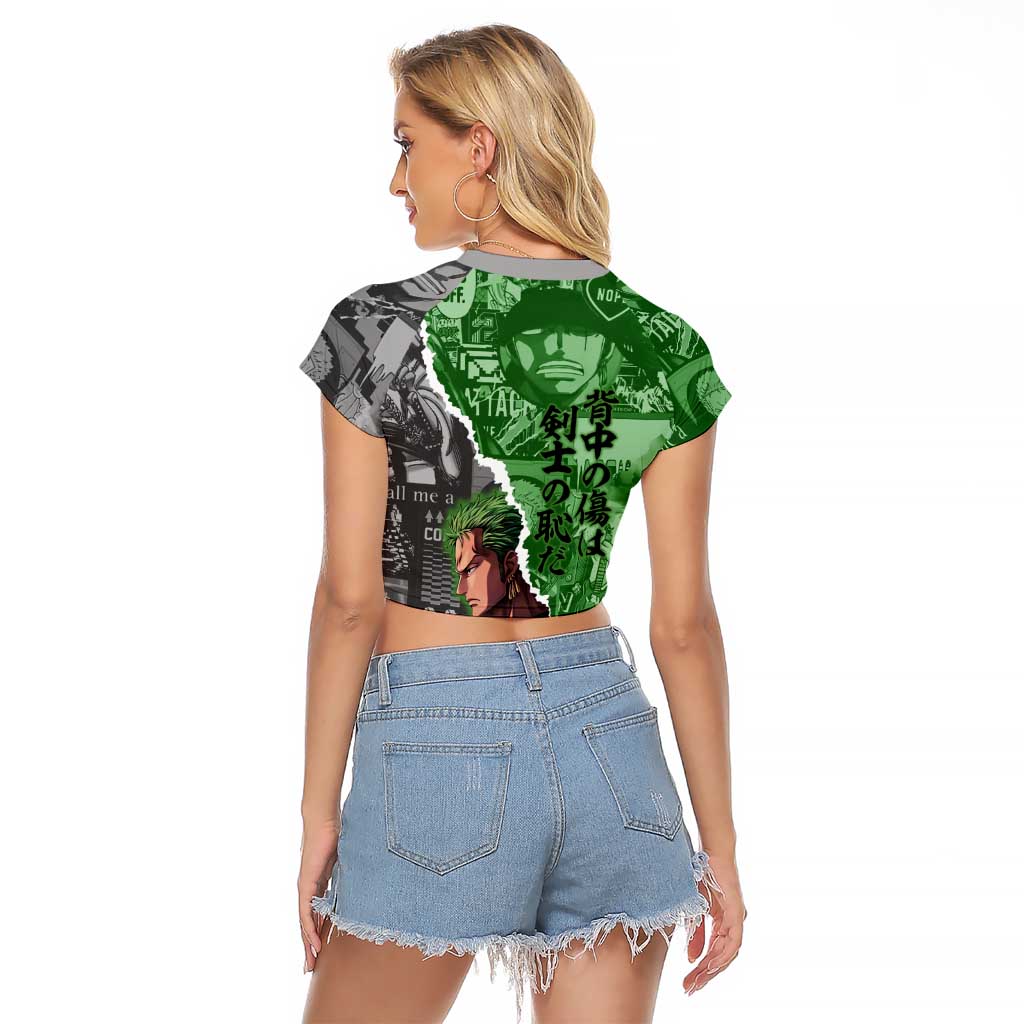 Zoro One Piece Green Theme Raglan Cropped T Shirt with Manga Collage and Dual Portrait Swordmaster Design - The Mazicc