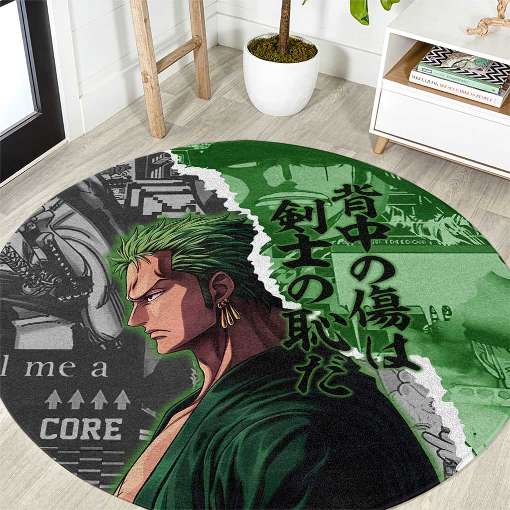 Zoro One Piece Green Theme Round Carpet with Manga Collage and Dual Portrait Swordmaster Design - The Mazicc