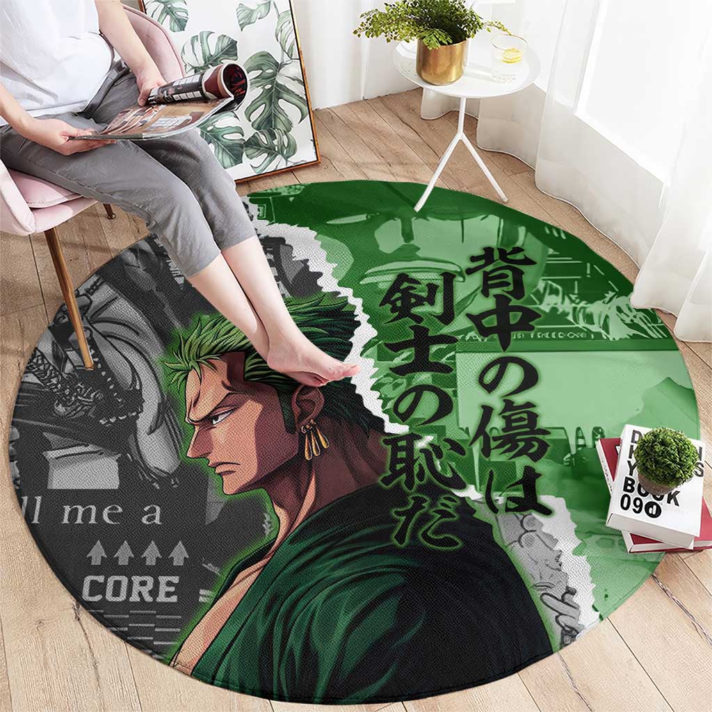 Zoro One Piece Green Theme Round Carpet with Manga Collage and Dual Portrait Swordmaster Design - The Mazicc