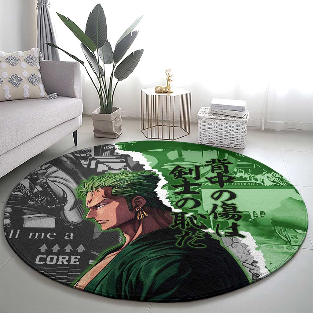 Zoro One Piece Green Theme Round Carpet with Manga Collage and Dual Portrait Swordmaster Design - The Mazicc