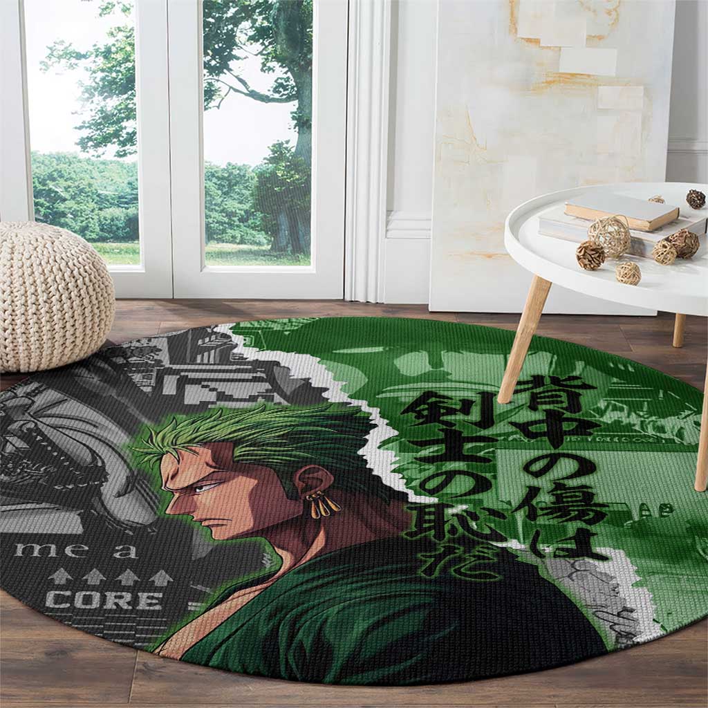 Zoro One Piece Green Theme Round Carpet with Manga Collage and Dual Portrait Swordmaster Design - The Mazicc