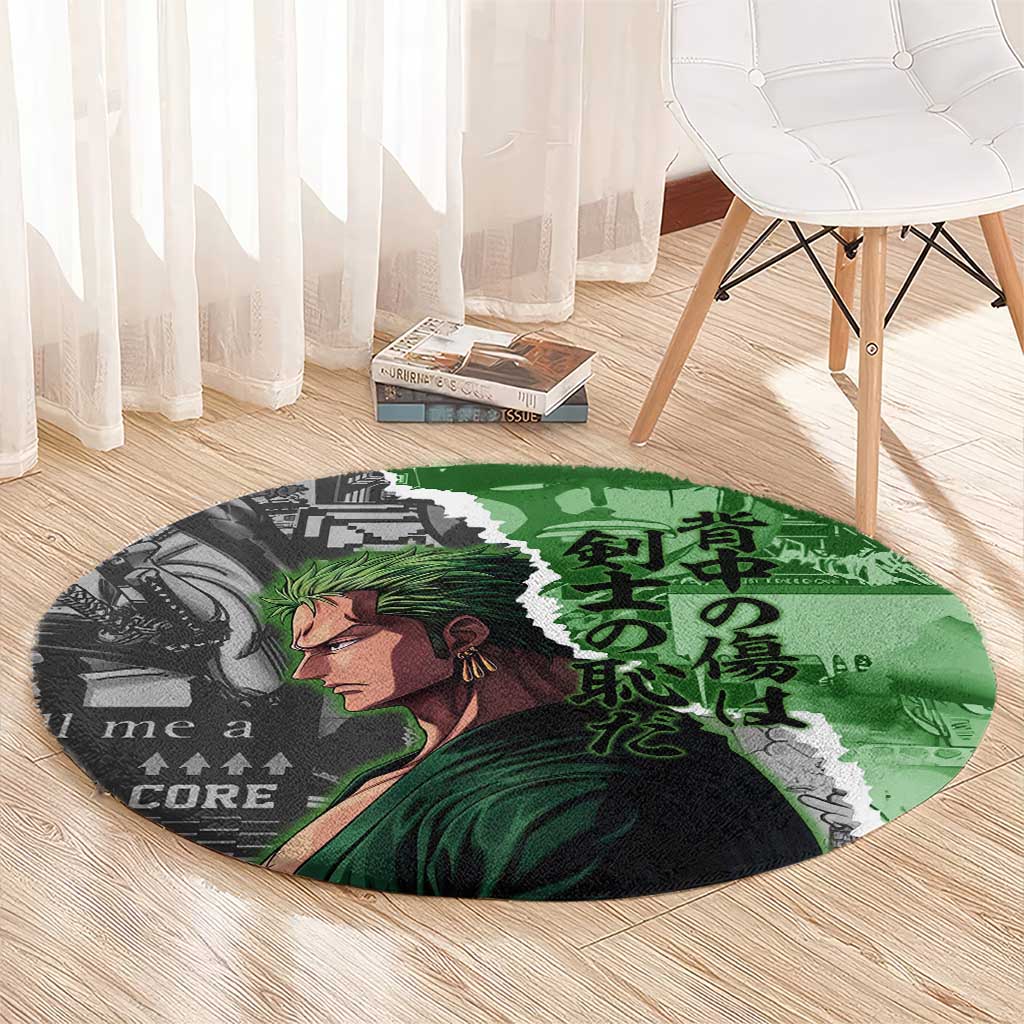 Zoro One Piece Green Theme Round Carpet with Manga Collage and Dual Portrait Swordmaster Design - The Mazicc