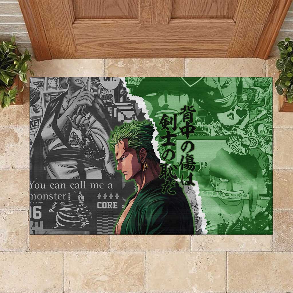 Zoro One Piece Green Theme Rubber Doormat with Manga Collage and Dual Portrait Swordmaster Design - The Mazicc