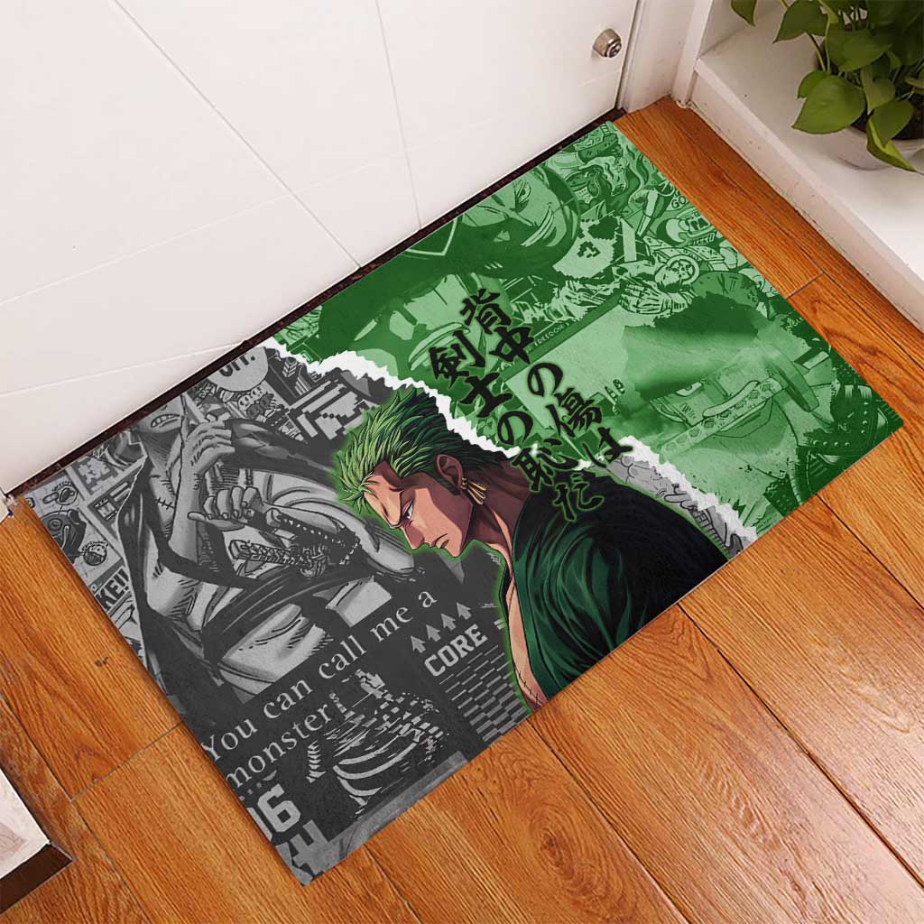 Zoro One Piece Green Theme Rubber Doormat with Manga Collage and Dual Portrait Swordmaster Design - The Mazicc