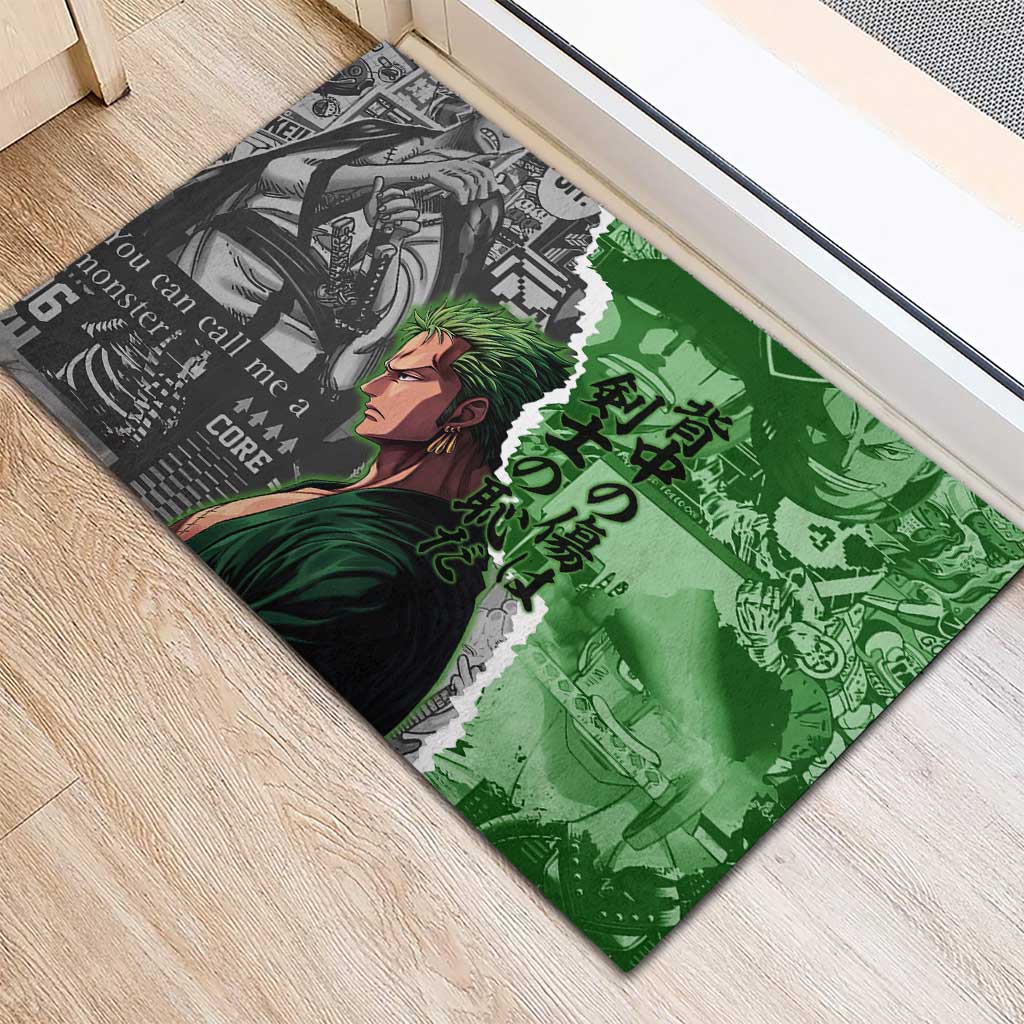 Zoro One Piece Green Theme Rubber Doormat with Manga Collage and Dual Portrait Swordmaster Design - The Mazicc
