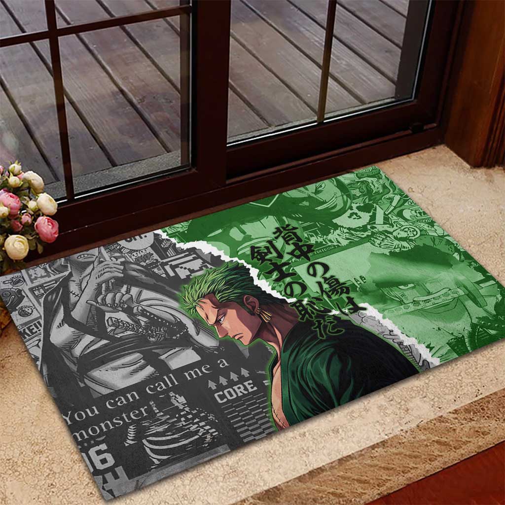 Zoro One Piece Green Theme Rubber Doormat with Manga Collage and Dual Portrait Swordmaster Design - The Mazicc