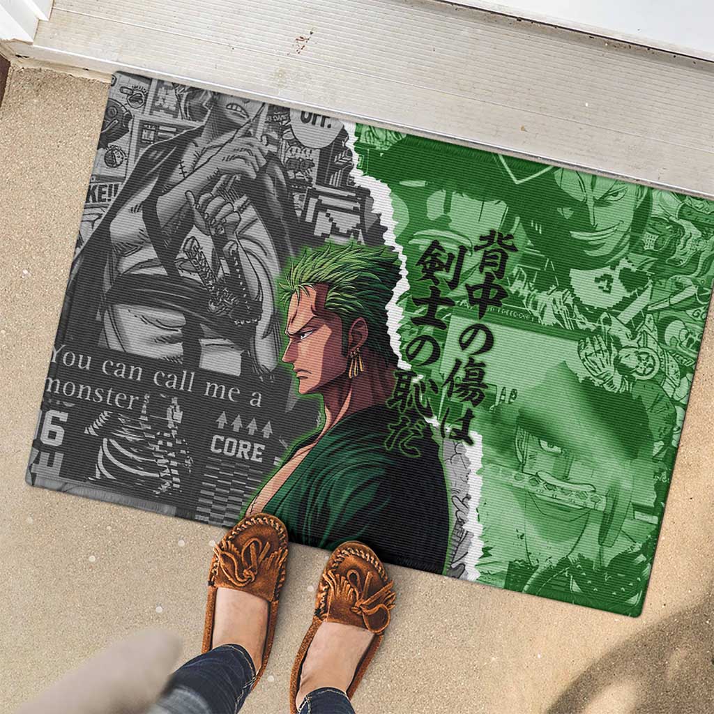 Zoro One Piece Green Theme Rubber Doormat with Manga Collage and Dual Portrait Swordmaster Design - The Mazicc