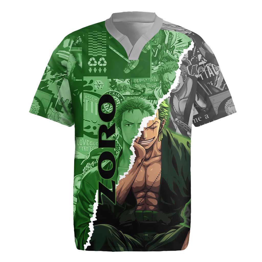 Zoro One Piece Green Theme Rugby Jersey with Manga Collage and Dual Portrait Swordmaster Design - The Mazicc