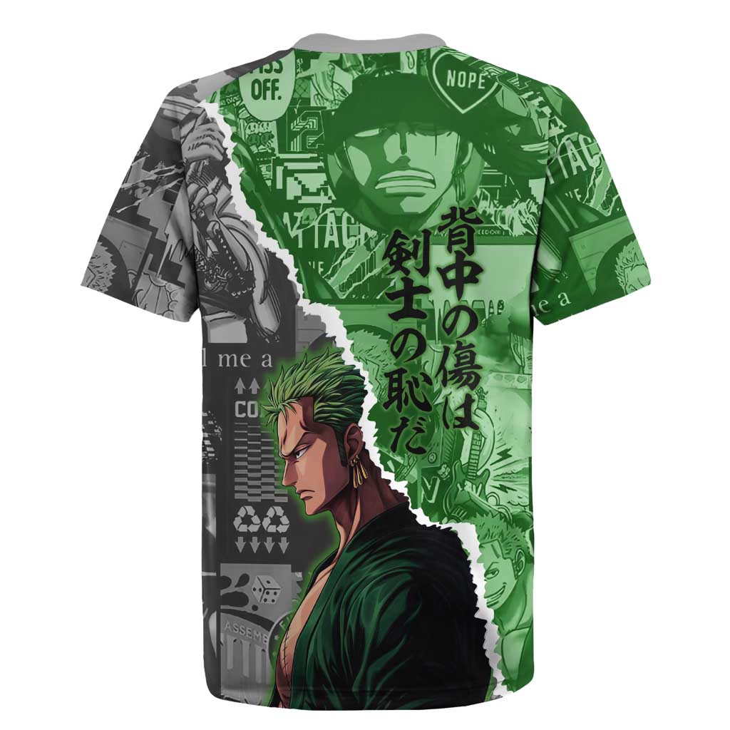 Zoro One Piece Green Theme Rugby Jersey with Manga Collage and Dual Portrait Swordmaster Design - The Mazicc