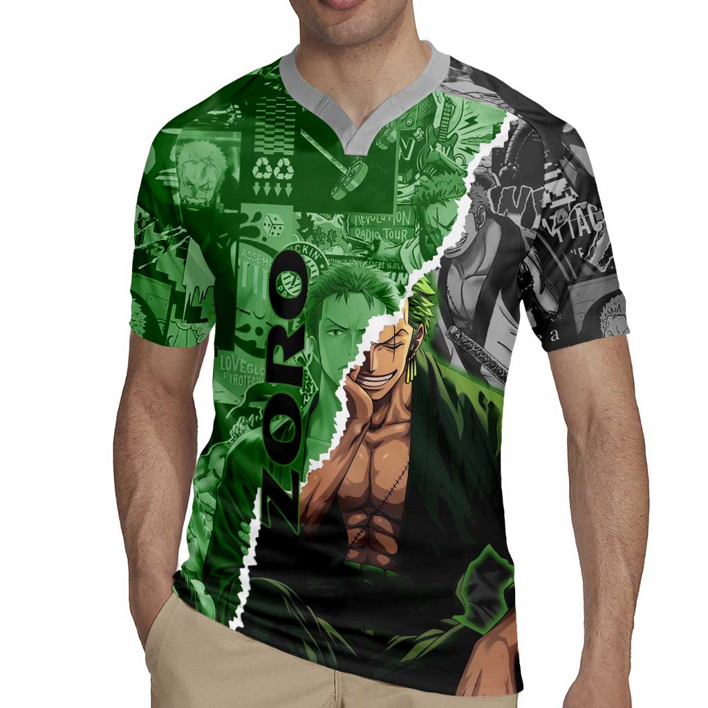 Zoro One Piece Green Theme Rugby Jersey with Manga Collage and Dual Portrait Swordmaster Design - The Mazicc