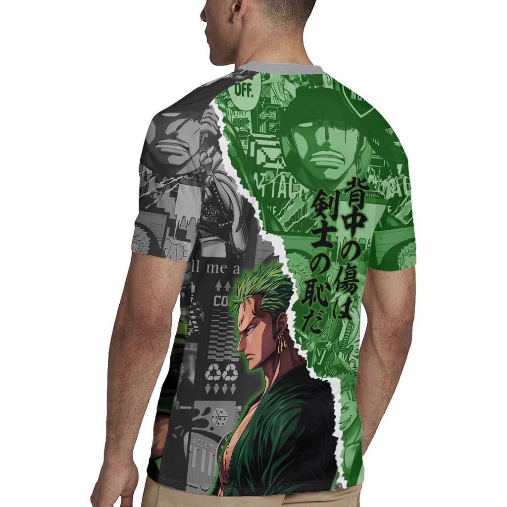 Zoro One Piece Green Theme Rugby Jersey with Manga Collage and Dual Portrait Swordmaster Design - The Mazicc