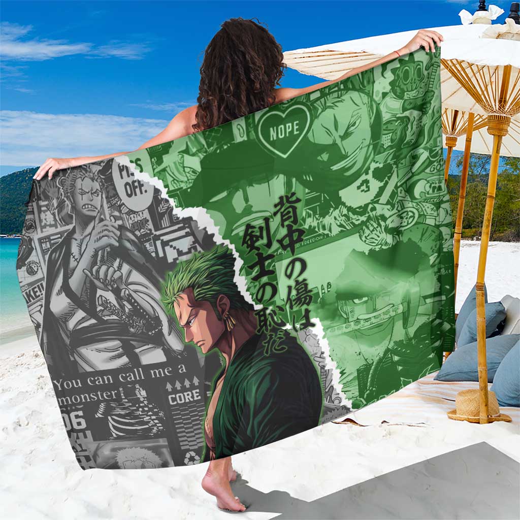 Zoro One Piece Green Theme Sarong with Manga Collage and Dual Portrait Swordmaster Design - The Mazicc