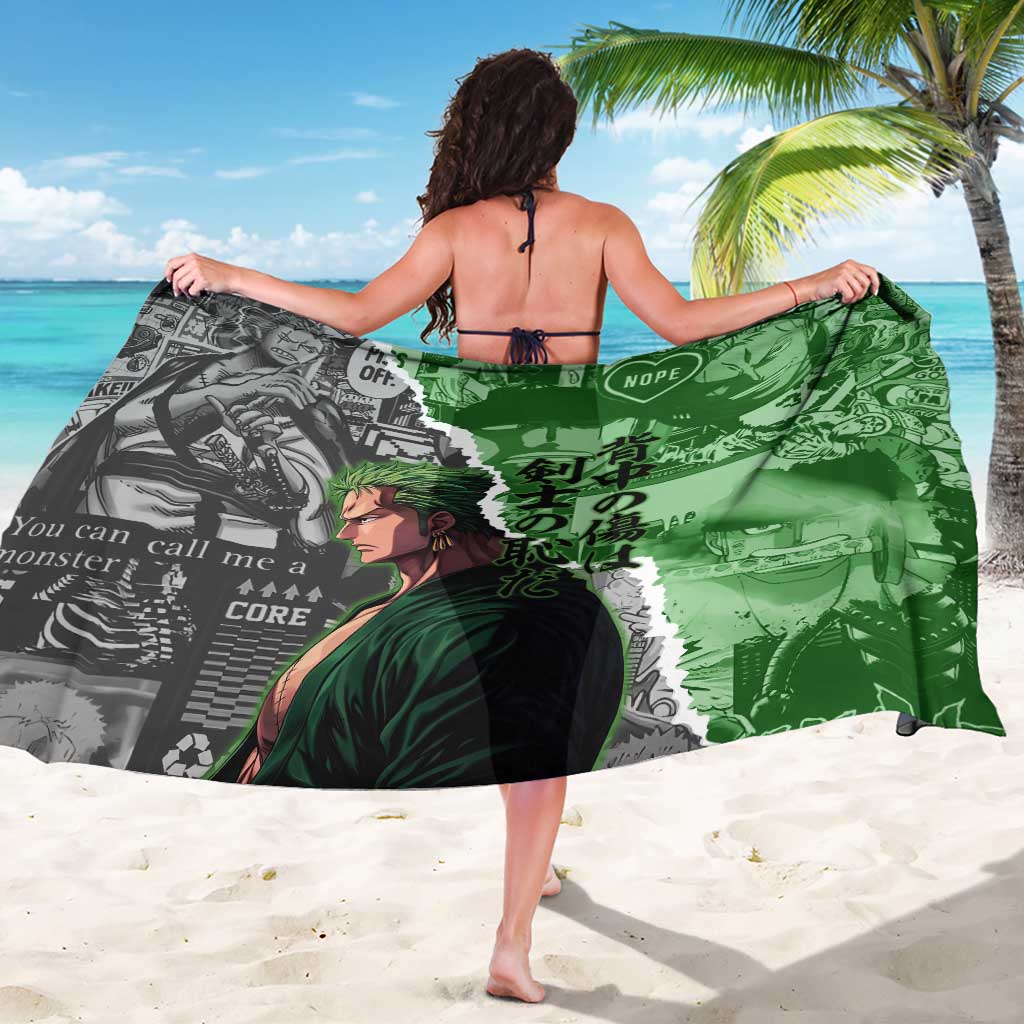 Zoro One Piece Green Theme Sarong with Manga Collage and Dual Portrait Swordmaster Design - The Mazicc