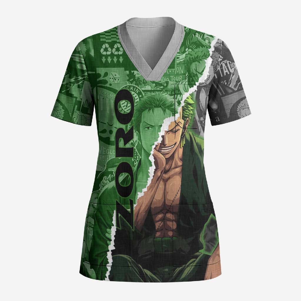 Zoro One Piece Green Theme Scrub Top with Manga Collage and Dual Portrait Swordmaster Design - The Mazicc