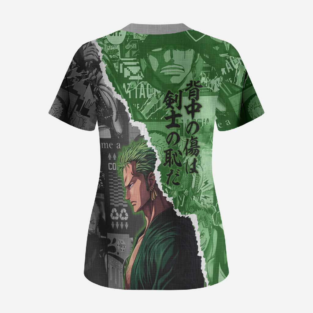 Zoro One Piece Green Theme Scrub Top with Manga Collage and Dual Portrait Swordmaster Design - The Mazicc