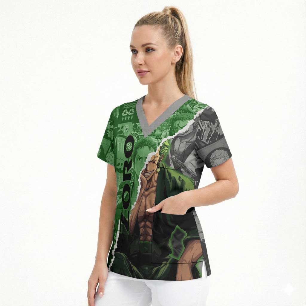 Zoro One Piece Green Theme Scrub Top with Manga Collage and Dual Portrait Swordmaster Design - The Mazicc
