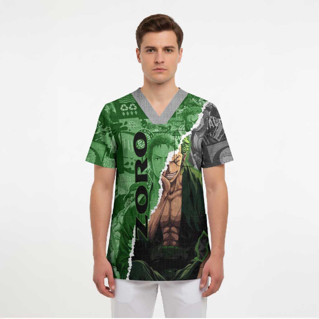 Zoro One Piece Green Theme Scrub Top with Manga Collage and Dual Portrait Swordmaster Design - The Mazicc