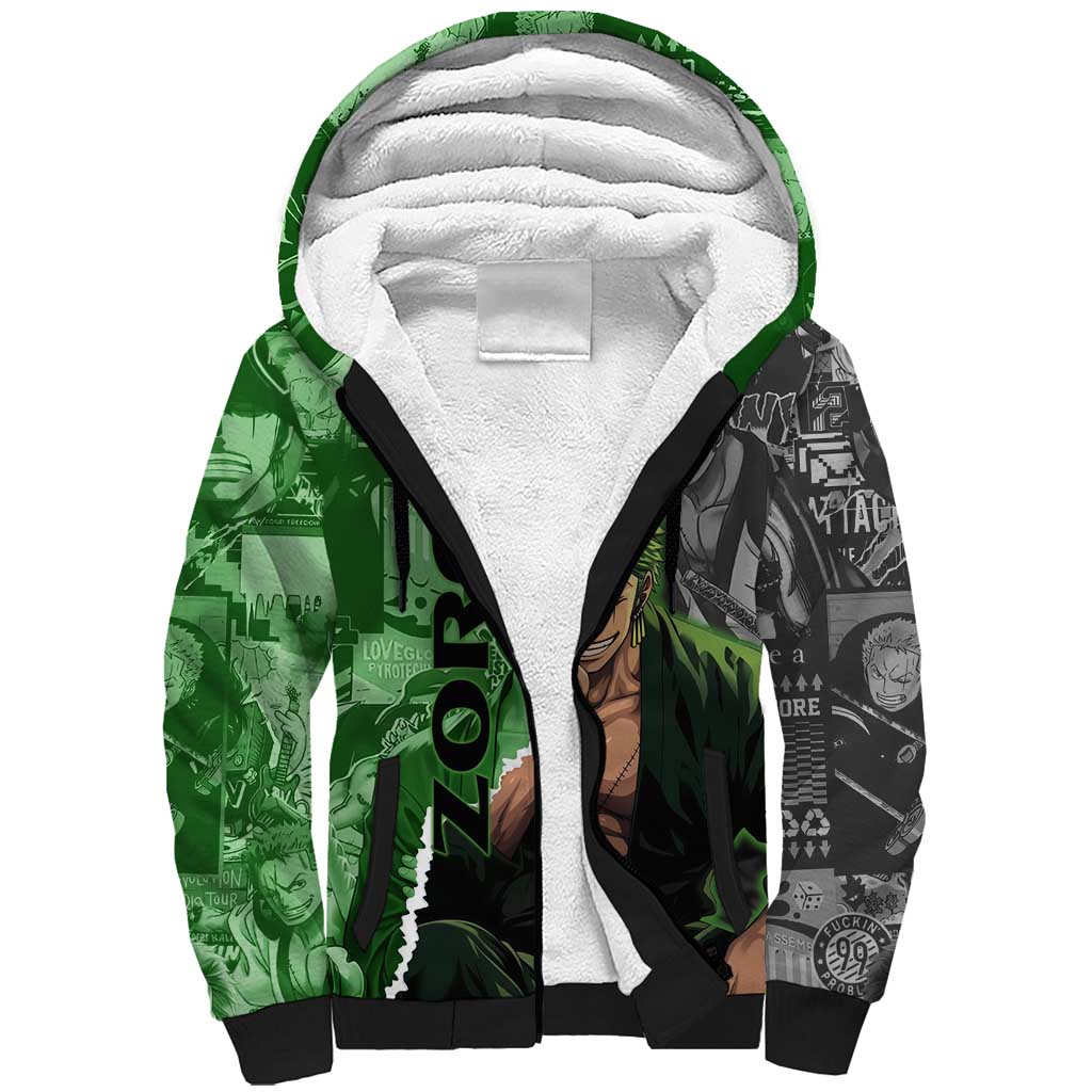 Zoro One Piece Green Theme Sherpa Hoodie with Manga Collage and Dual Portrait Swordmaster Design - The Mazicc