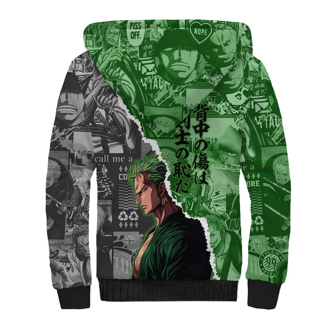 Zoro One Piece Green Theme Sherpa Hoodie with Manga Collage and Dual Portrait Swordmaster Design - The Mazicc