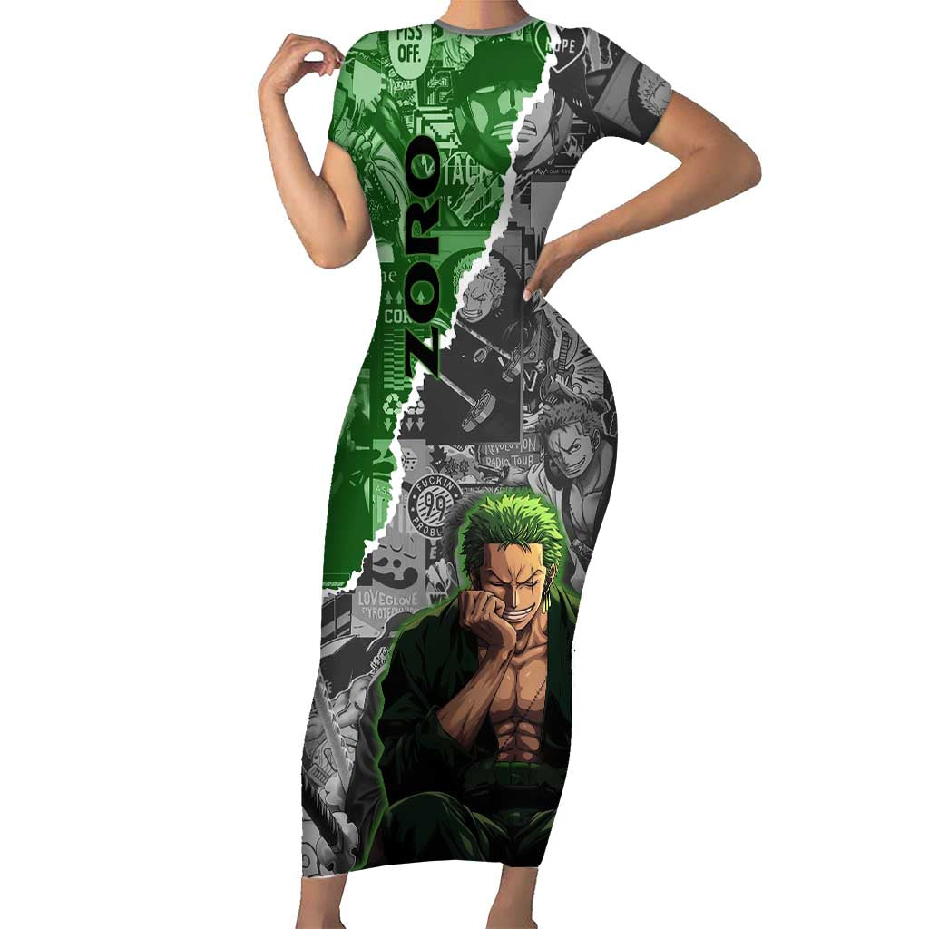 Zoro One Piece Green Theme Short Sleeve Bodycon Dress with Manga Collage and Dual Portrait Swordmaster Design - The Mazicc