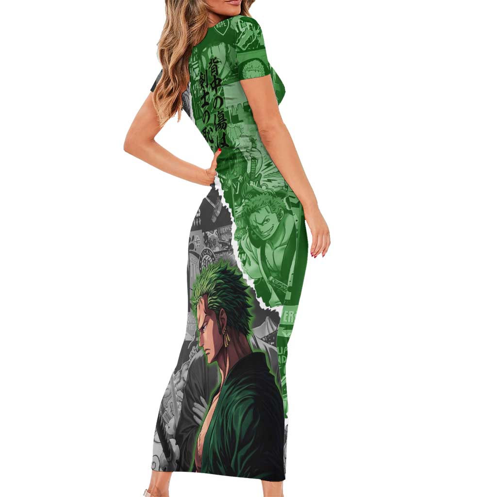 Zoro One Piece Green Theme Short Sleeve Bodycon Dress with Manga Collage and Dual Portrait Swordmaster Design - The Mazicc