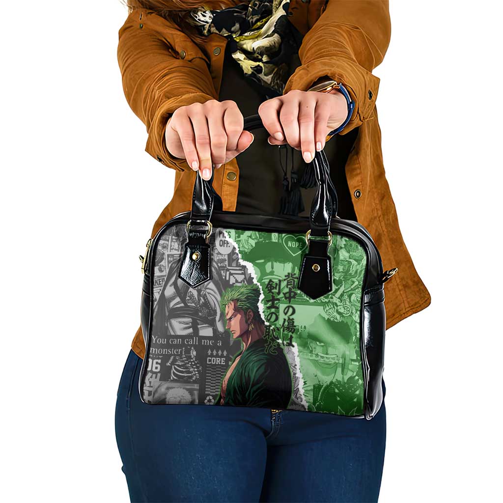 Zoro One Piece Green Theme Shoulder Handbag with Manga Collage and Dual Portrait Swordmaster Design - The Mazicc
