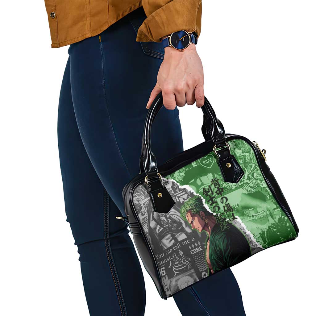 Zoro One Piece Green Theme Shoulder Handbag with Manga Collage and Dual Portrait Swordmaster Design - The Mazicc